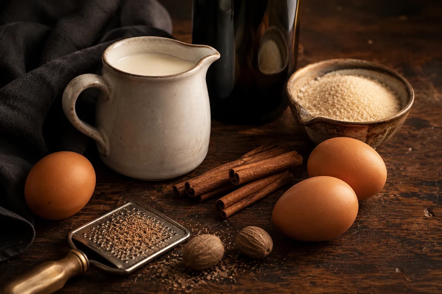 Tejszín, tojás, cukor, fahéj, szerecsendió és sötét üveg sherry faasztalon.